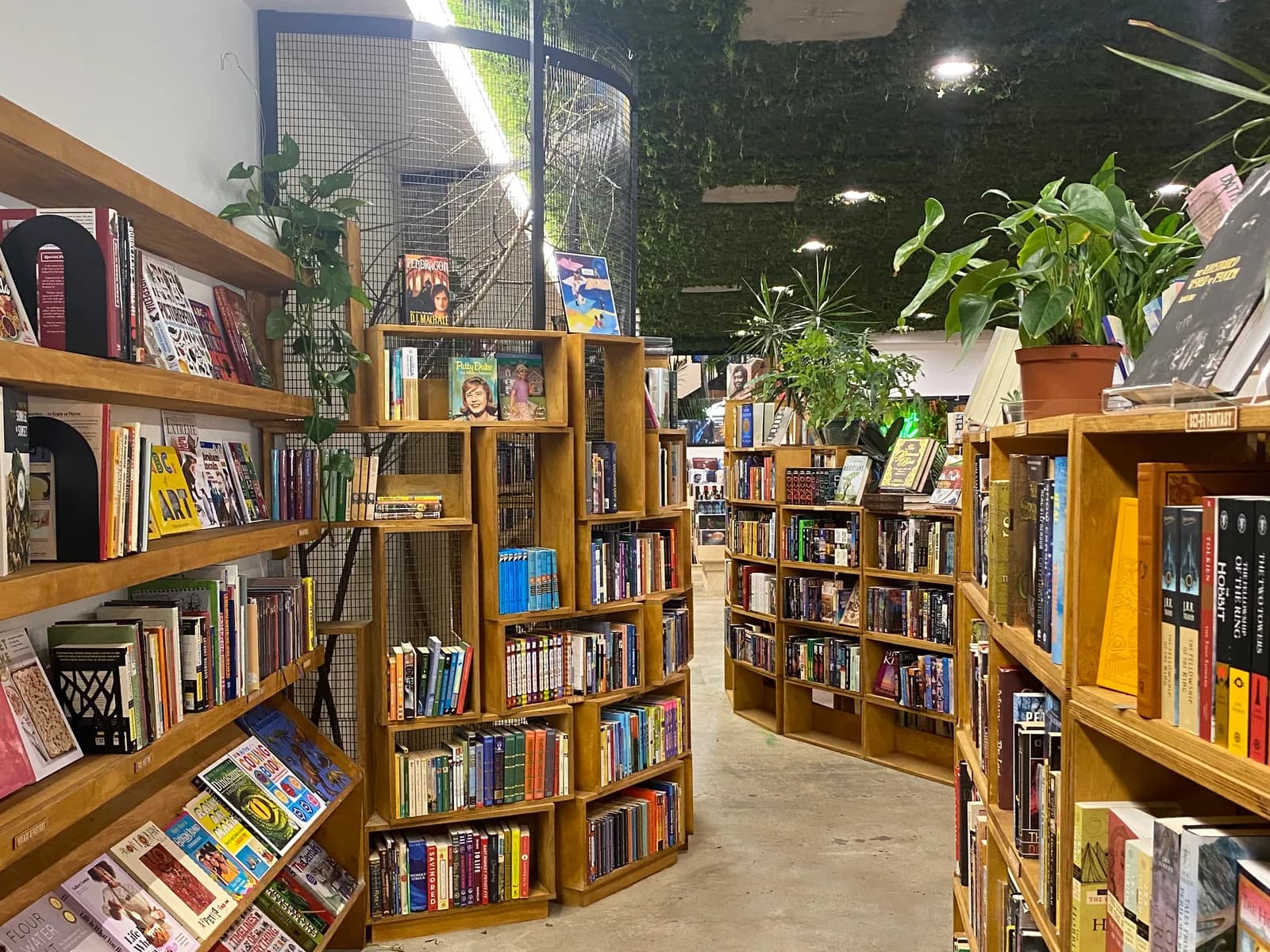 Wooden bookshelves and hanging plants under the moss-covered ceiling at a Montrose bookstore
